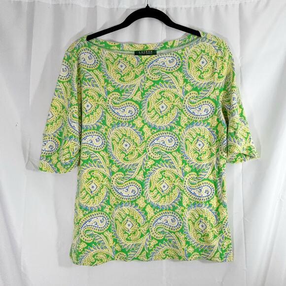 Lauren Ralph Lauren Yellow Paisley Boat Neck Pullover Shirt Large - Picture 2 of 6